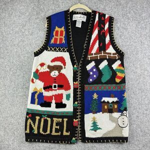 VTG Spice Of Life Christmas Sweater Vest Womens M Noel Holiday Santa Bear Bells*